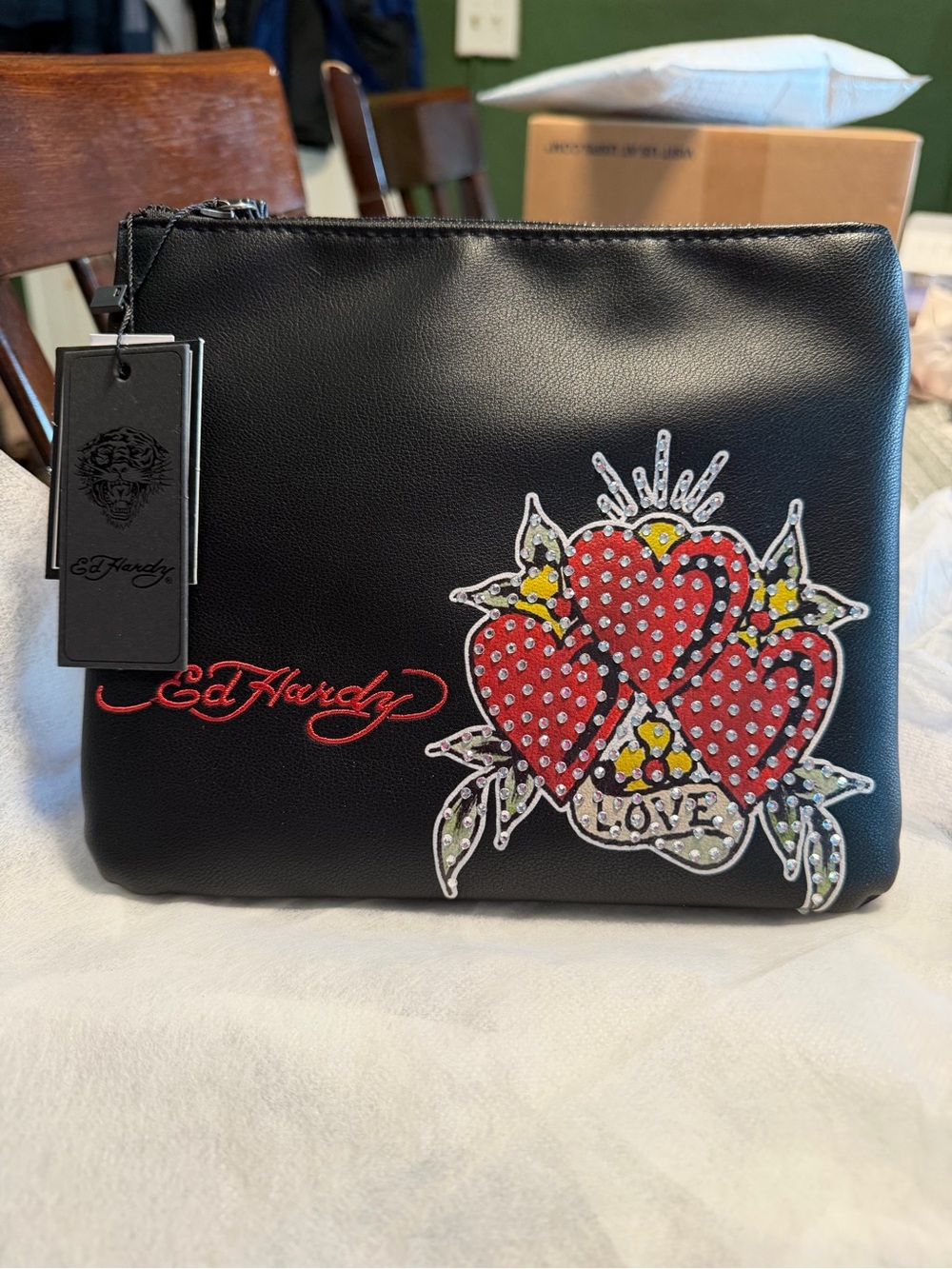 Ed Hardy Black Clutch with Red Heart Crystal Embellishment